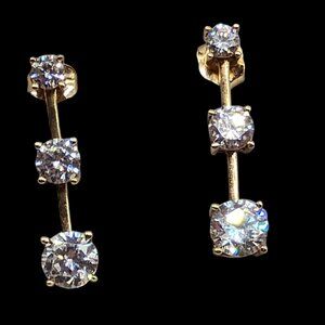 14k Yellow Gold Vintage Drop Earrings Bar 3 Stones Journey 90's 80's Jewelry